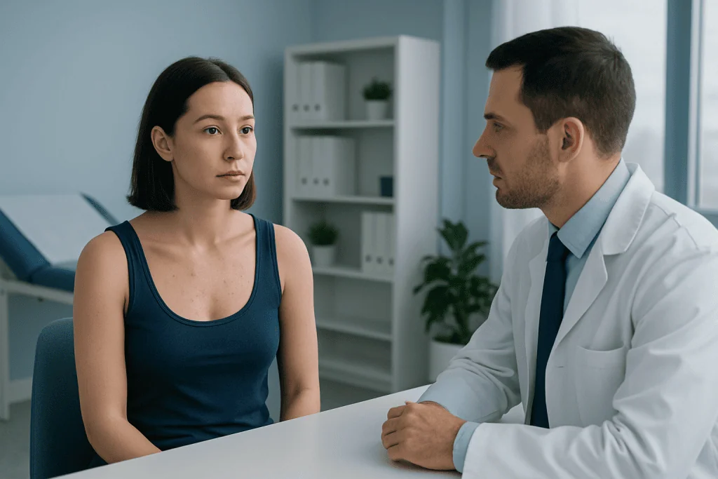 Doctor consulting with a female patient in a medical office setting.