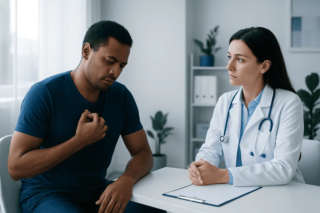Doctor consulting with patient about chest itching symptoms in clinic.