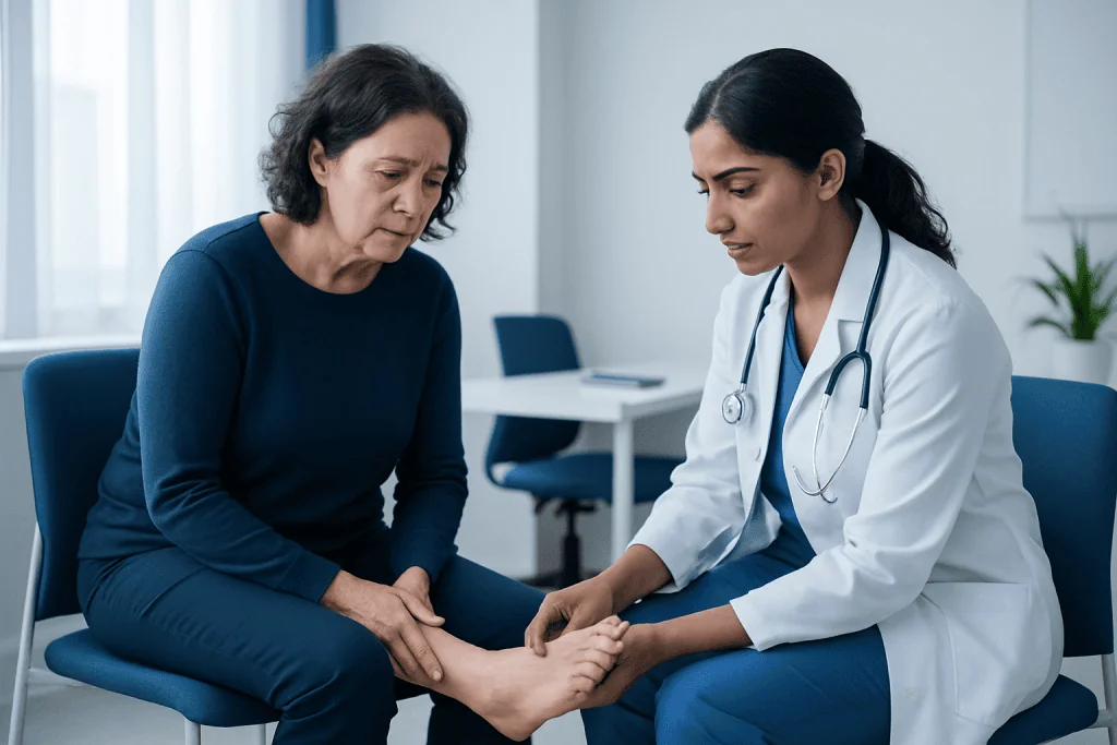 Doctor examining patient's foot in a clinical setting.