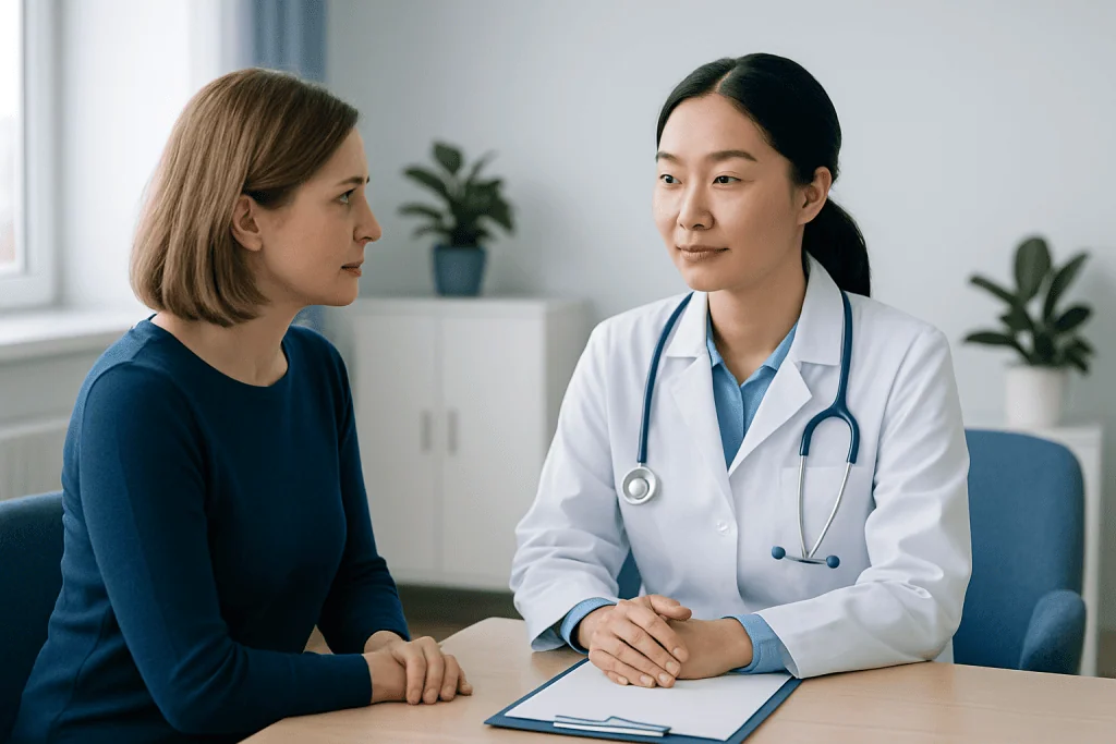 Doctor consulting with a female patient in a modern clinic setting.