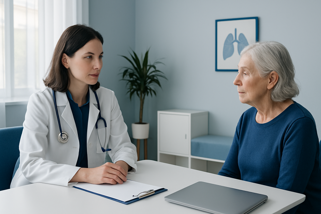 Doctor consulting with elderly patient in a hospital setting.