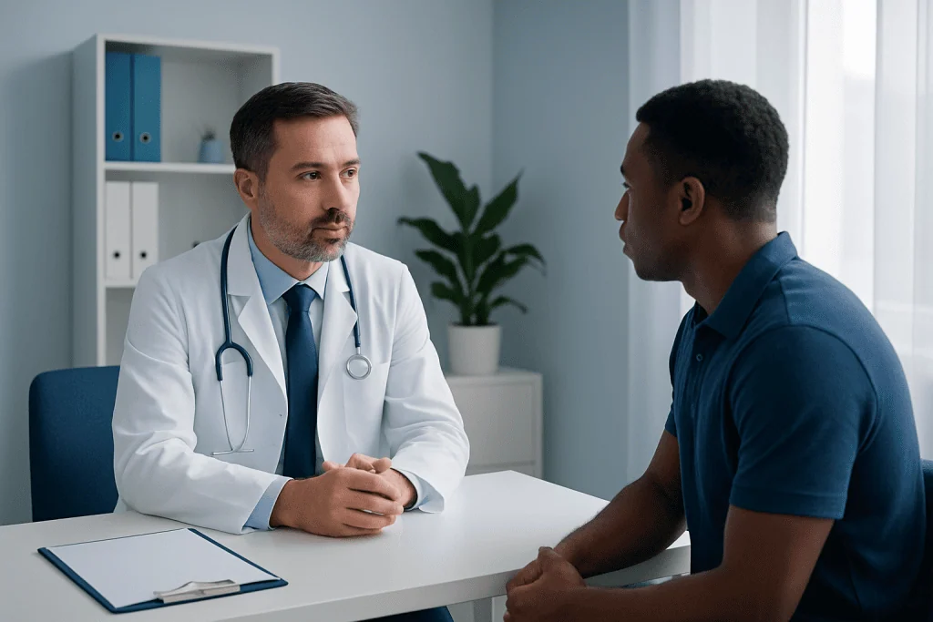 Doctor consulting patient in a medical office setting.