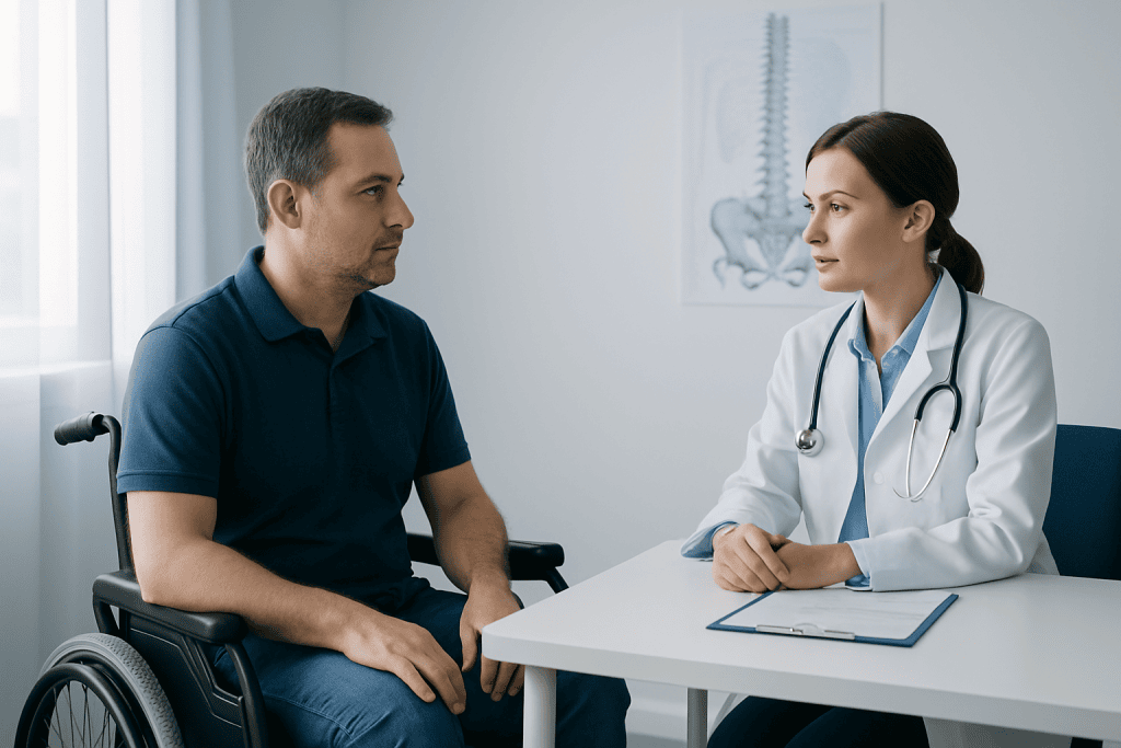 Doctor consulting with a male patient in a wheelchair in a medical office.