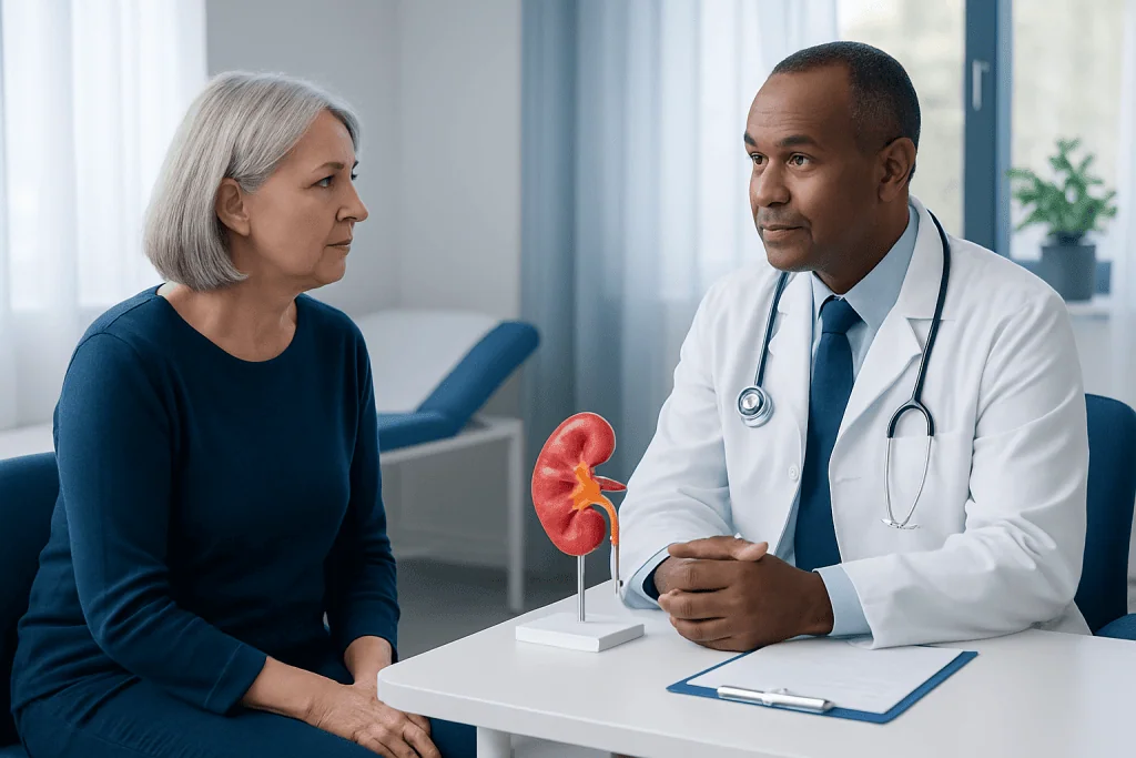 Doctor explaining kidney health to a patient in a medical consultation room.