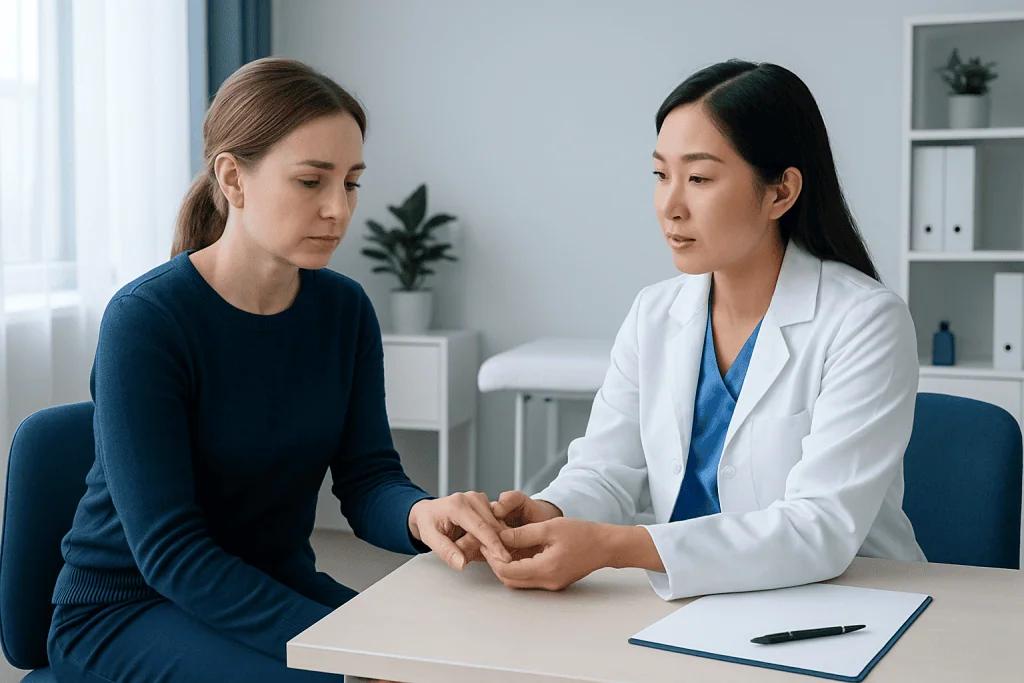 Doctor examining patient's nails in a clinical consultation.