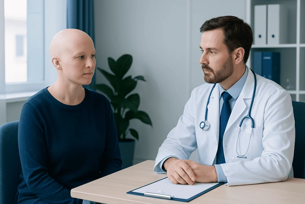 Doctor consulting with a patient about alopecia universalis treatment options.