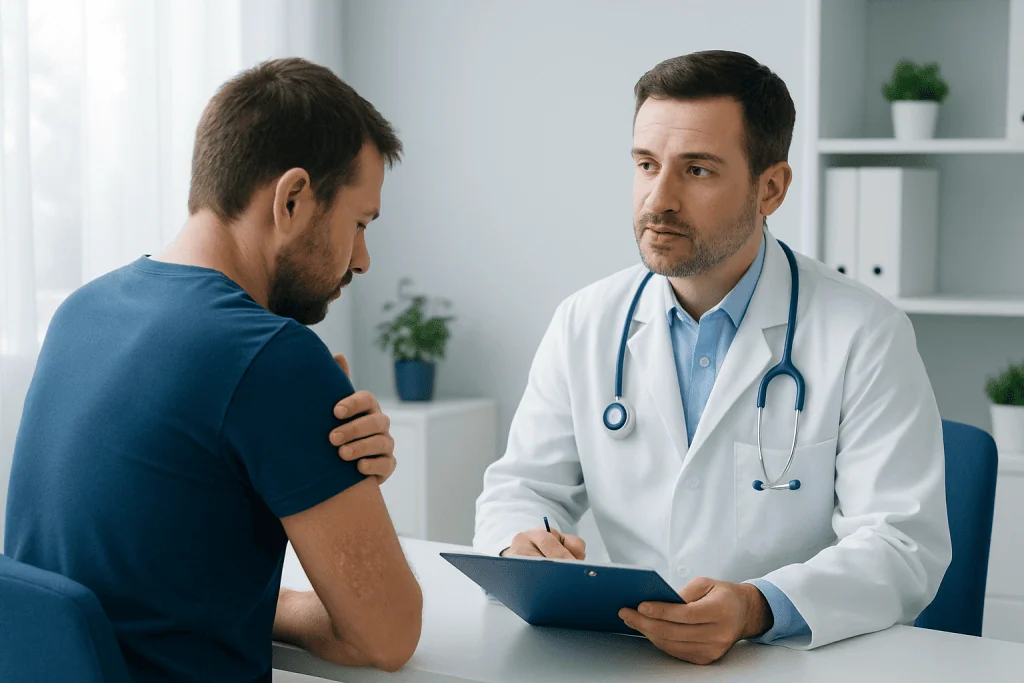 Doctor consulting a patient about skin health in a clinical setting.