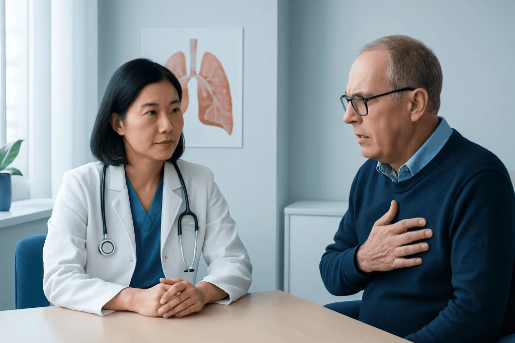 Doctor consulting with a patient about lung health in a medical office.
