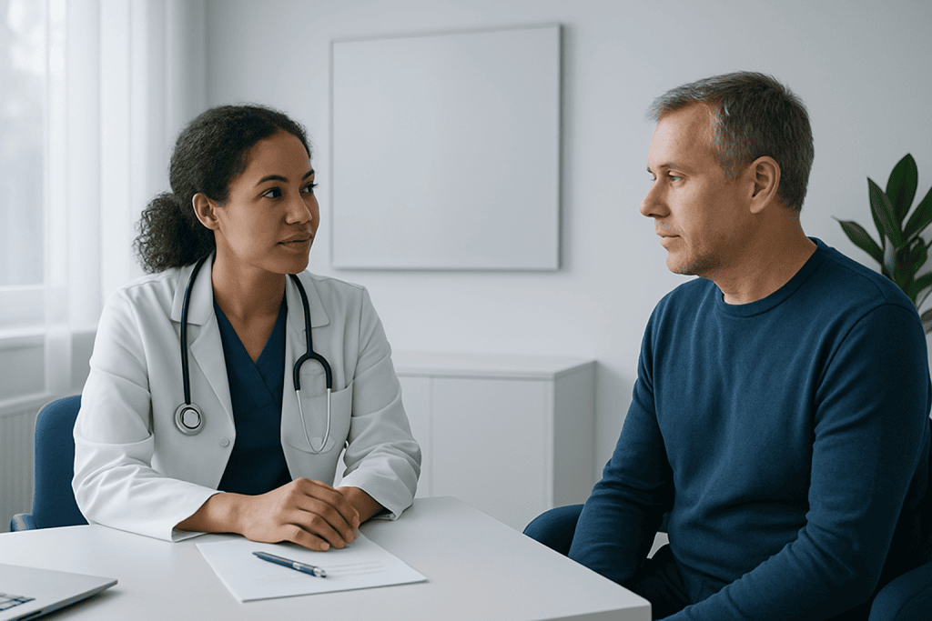 Doctor consulting with a male patient in a medical office.