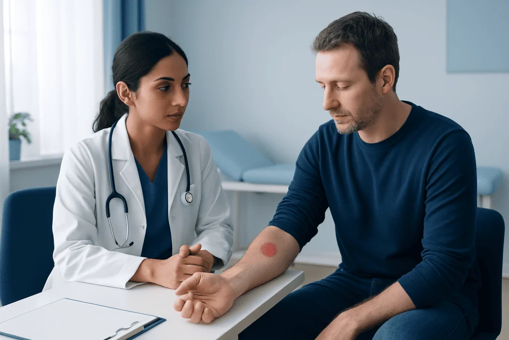 Doctor examining patient's skin with ringworm on forearm in clinic setting.