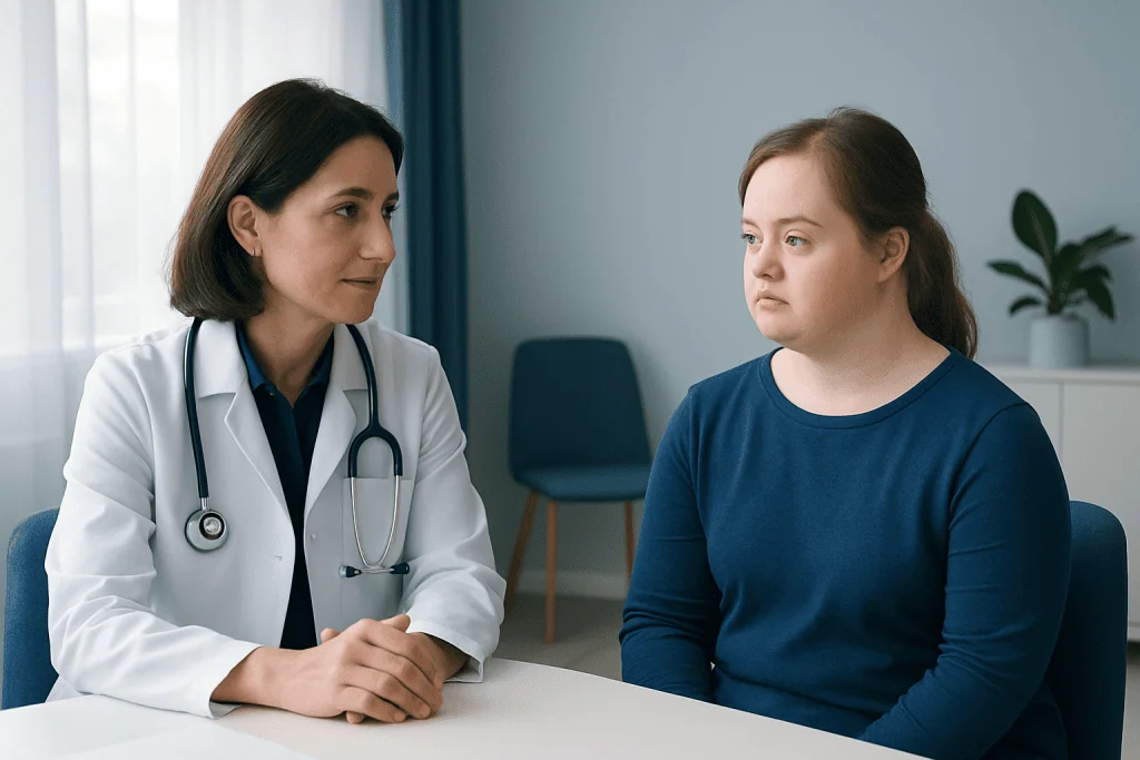 Doctor consulting with a young female patient in a medical office.