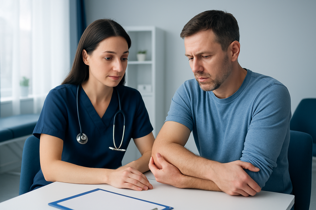 Doctor consulting with male patient about elbow joint effusion.