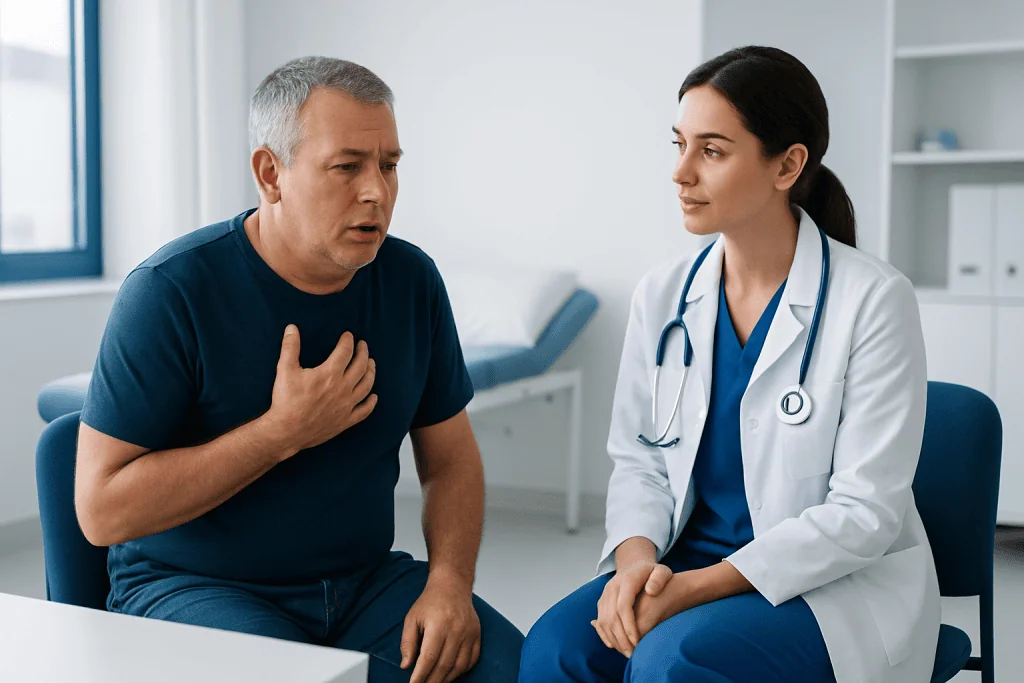 Male patient experiencing chest discomfort during consultation with doctor.