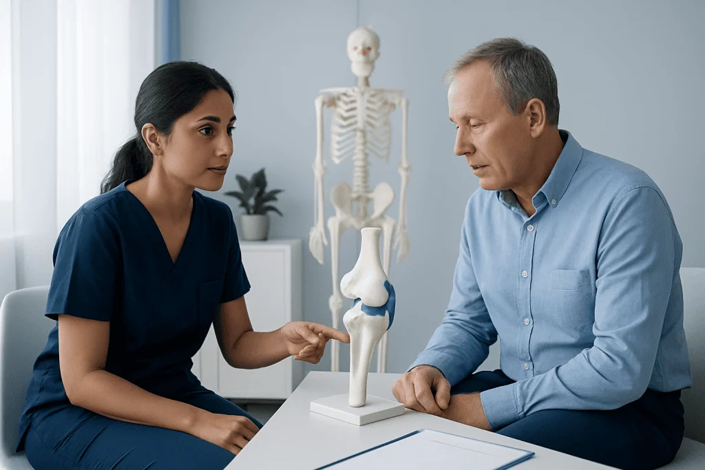 Orthopedic consultation discussing hip dislocation with medical model present.