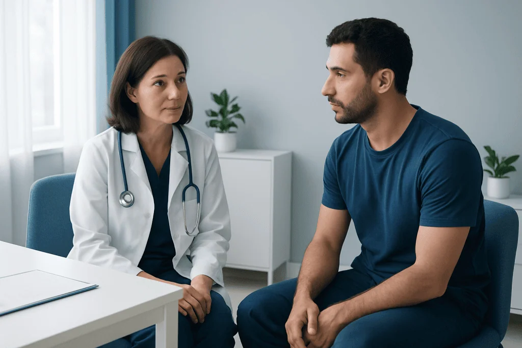 Doctor consulting with male patient in a medical office setting.