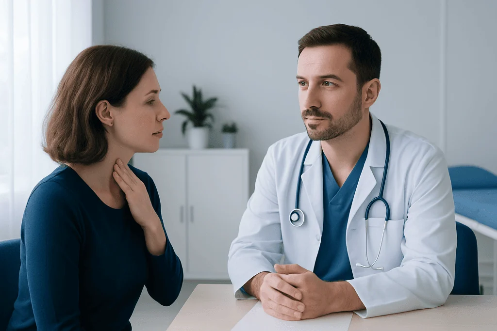 Doctor consulting with a woman patient about vocal health at Acibadem Hospital.