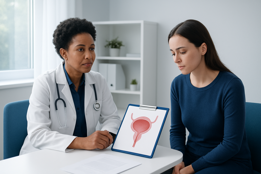 Urologist explaining bladder health to patient with diagram.