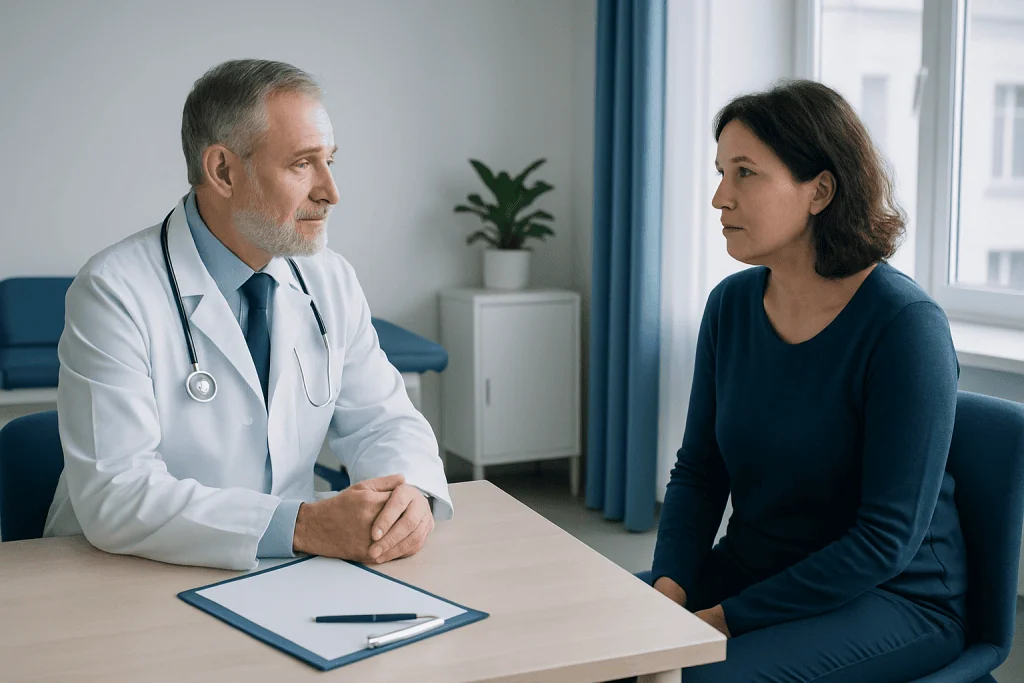 Doctor consulting with a female patient in a medical office.