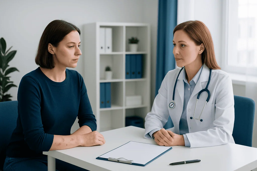 Doctor consulting patient in a medical office setting.