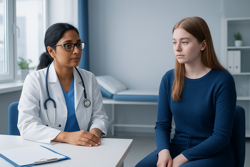 Doctor consulting with a young female patient in a medical office.