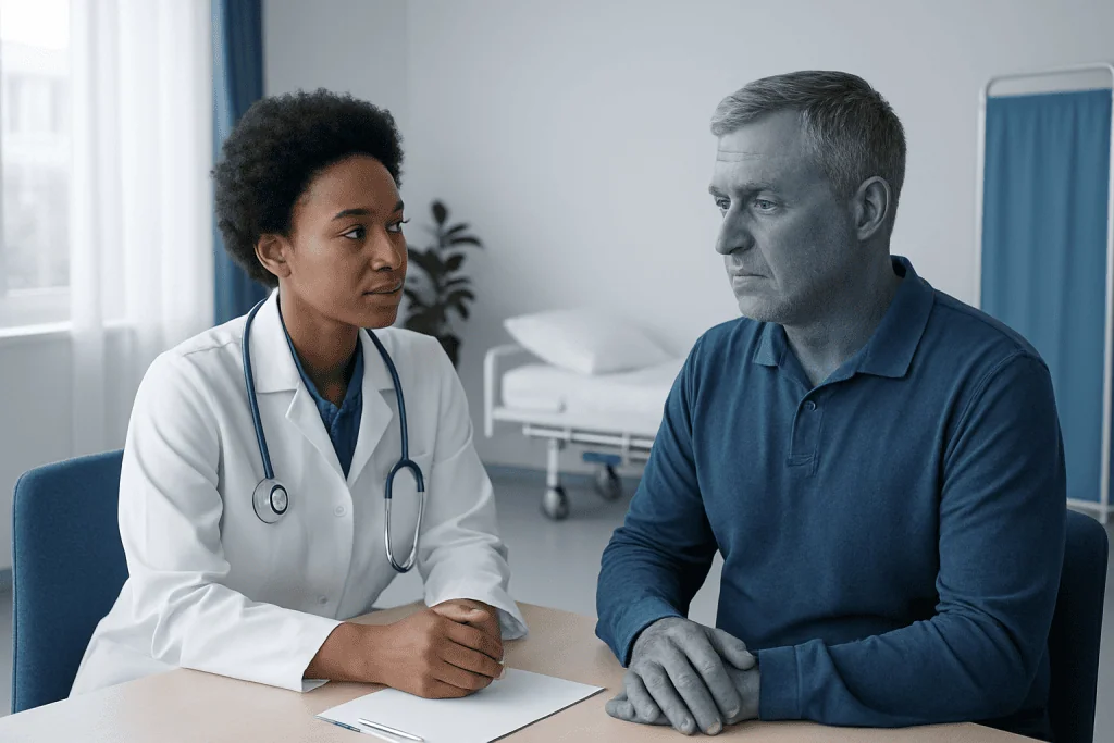 Doctor consulting with patient in a hospital room at Acibadem Hospitals Group.