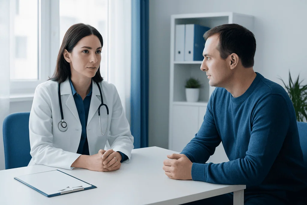 Doctor consulting patient in a modern medical office setting.