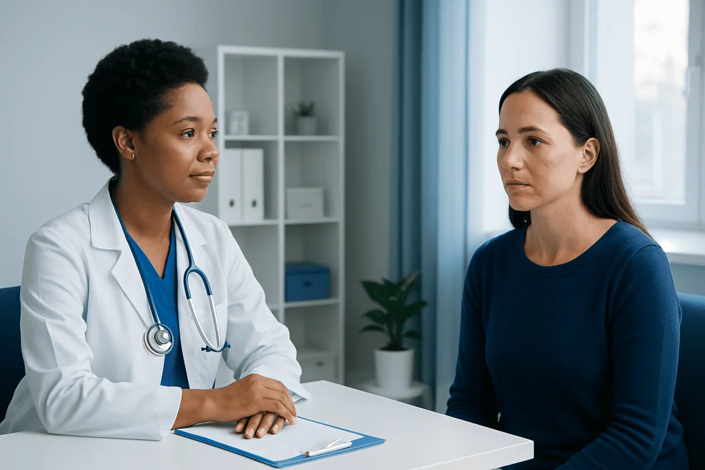 Doctor consulting with a patient in a medical office setting.