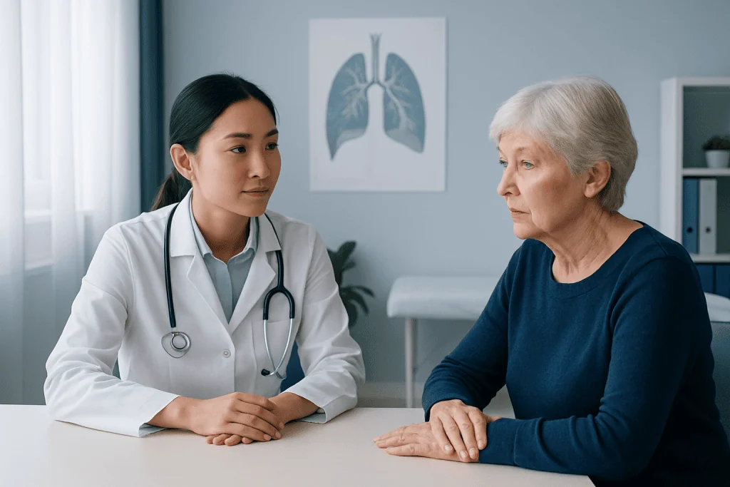 Doctor consulting elderly patient in a medical office with lung diagram in background.
