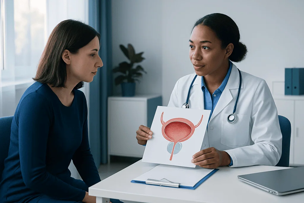Doctor explaining bladder diagram to patient in consultation room.