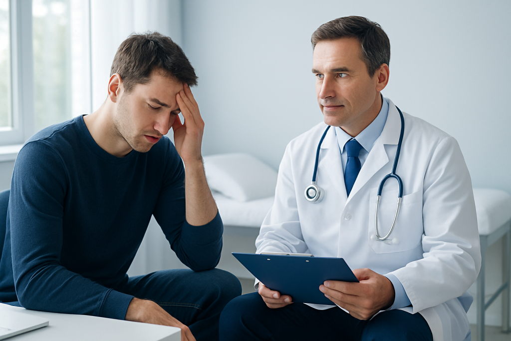 Doctor consulting with a young man experiencing headache symptoms.