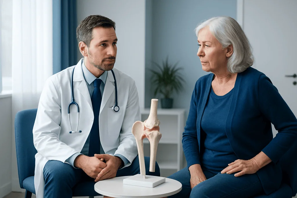 Doctor explaining hip joint issues to elderly woman in consultation room.