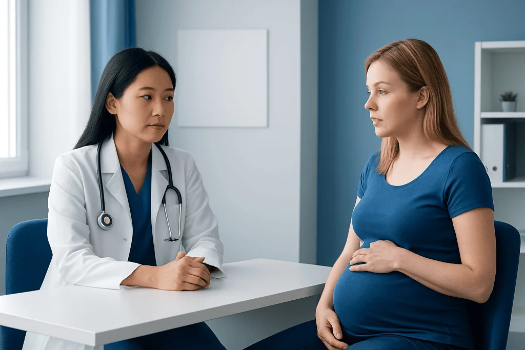 Doctor consulting pregnant woman in a medical office setting.