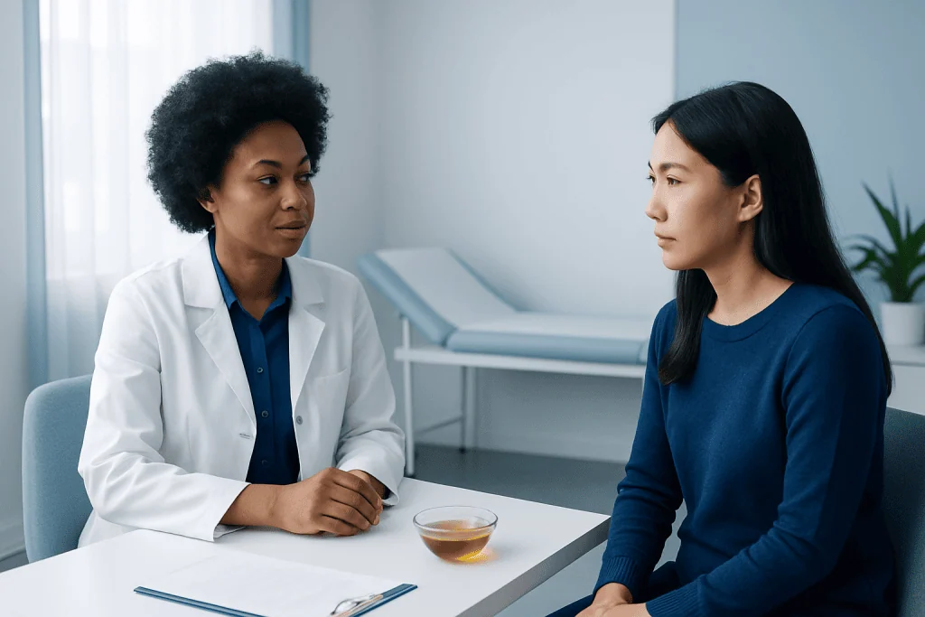 Doctor consulting with patient in a medical office setting.