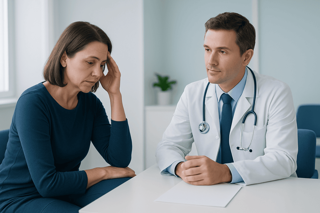 Doctor consulting with a worried woman in a medical office.