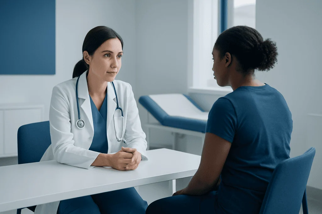 Doctor consulting with a patient in a medical office setting.
