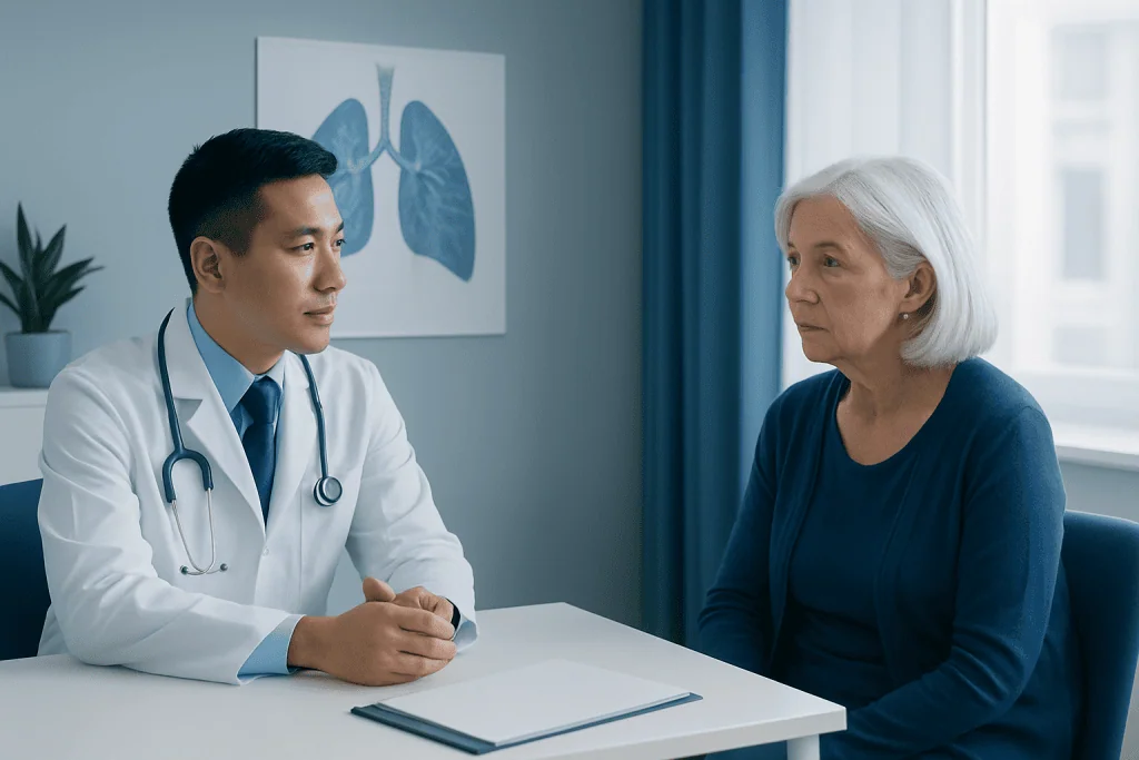 Doctor consulting with an elderly female patient in a medical office.