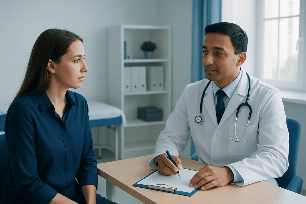 Doctor consulting with a female patient in a medical office.