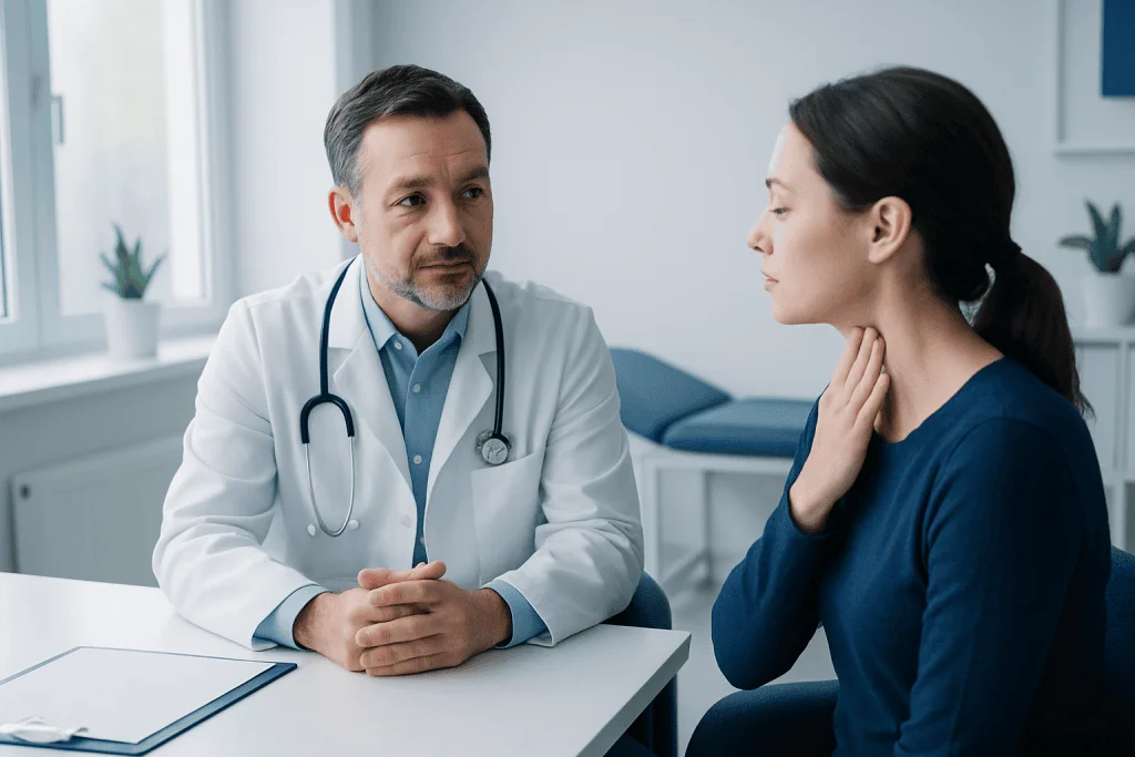Doctor consulting with a female patient in a medical office.