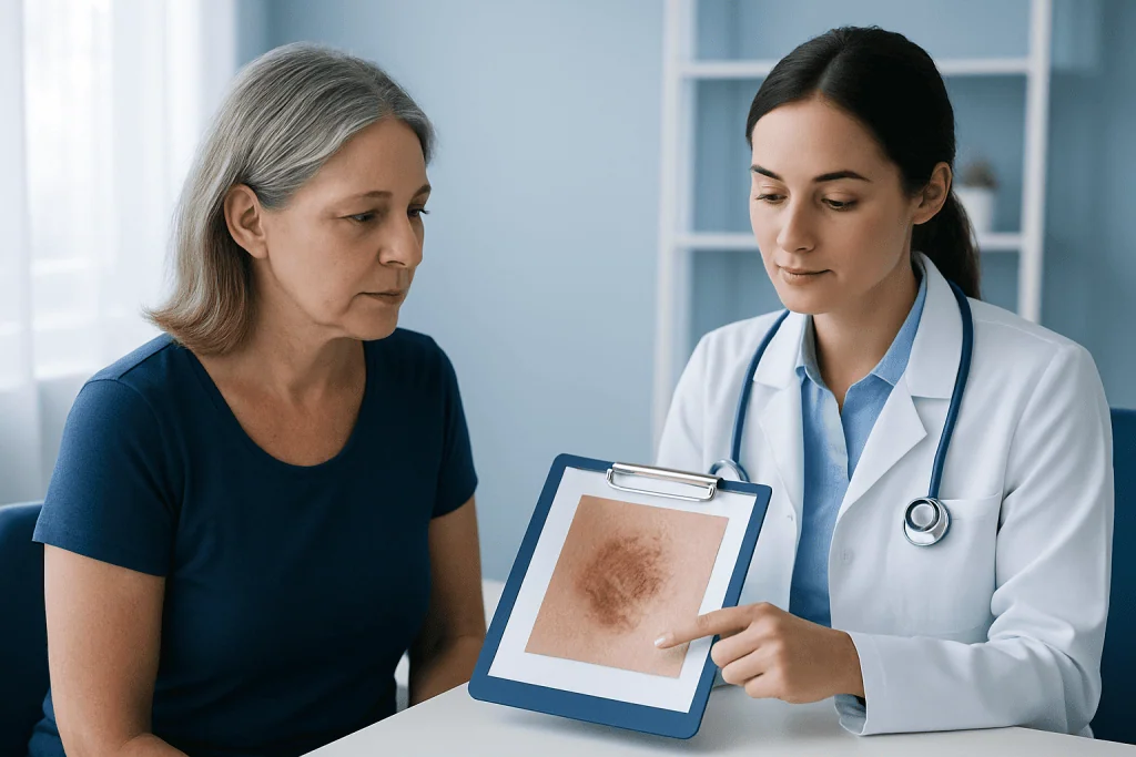 Doctor explaining actinic keratosis to a patient with skin lesion image.