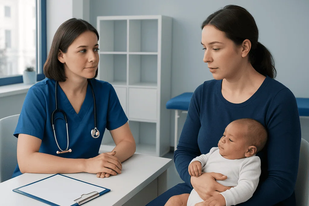 Pediatric consultation at Acibadem Hospital with doctor and mother holding baby.