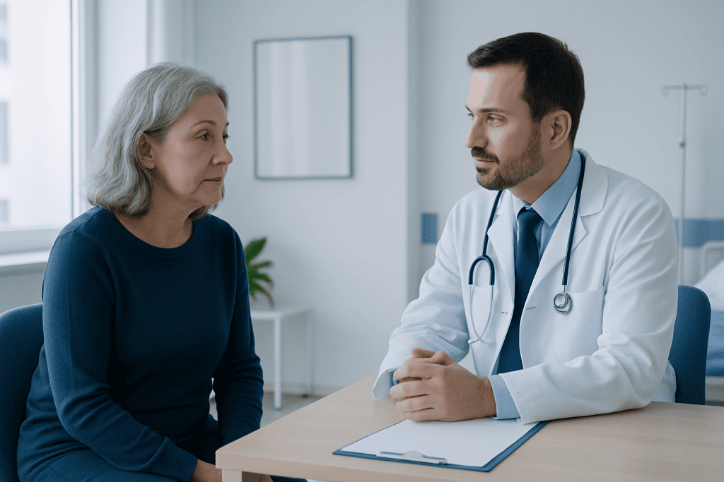 Doctor consulting with an elderly woman in a medical office.