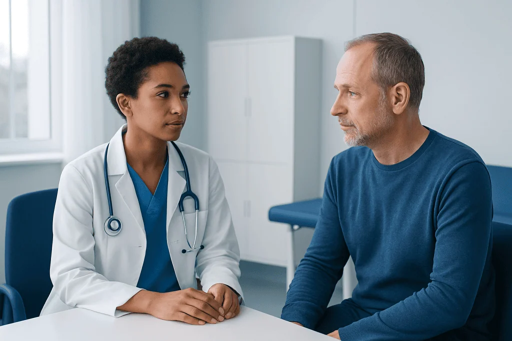 Doctor consulting with a patient in a medical office setting.