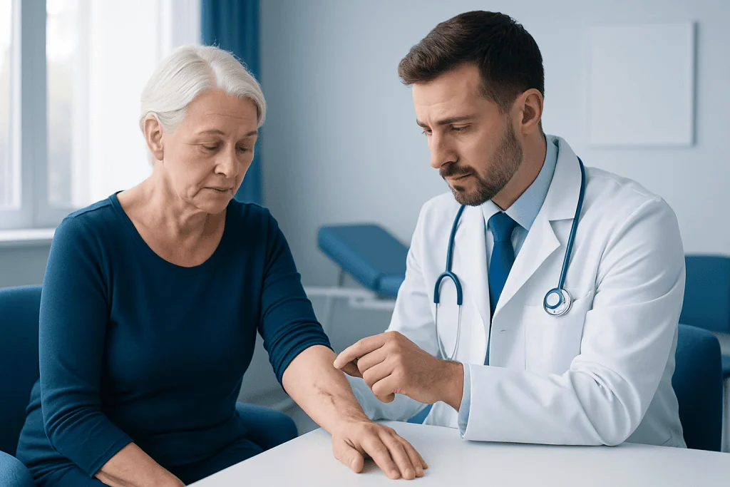 Doctor examining an elderly woman's arm in a clinical setting.