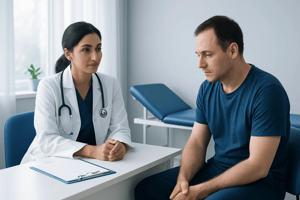 Doctor consulting with male patient in a medical office.
