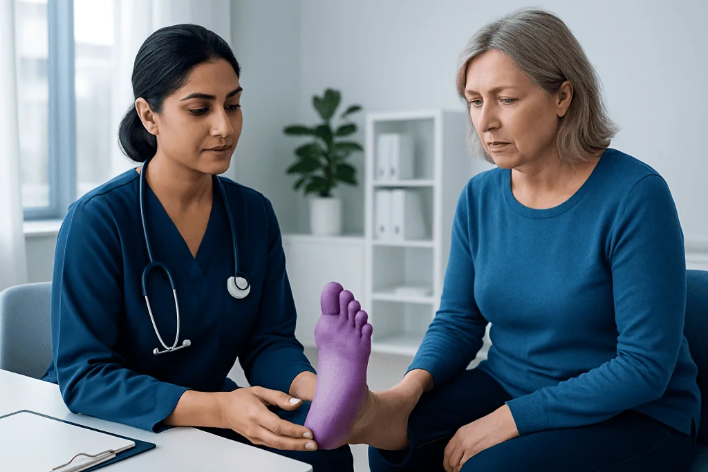 Medical professional examining patient's purple-colored foot in clinic setting.