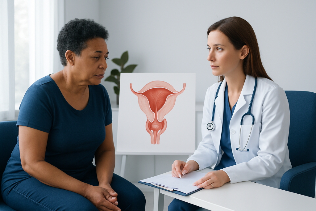 Doctor consulting with patient about female reproductive health.
