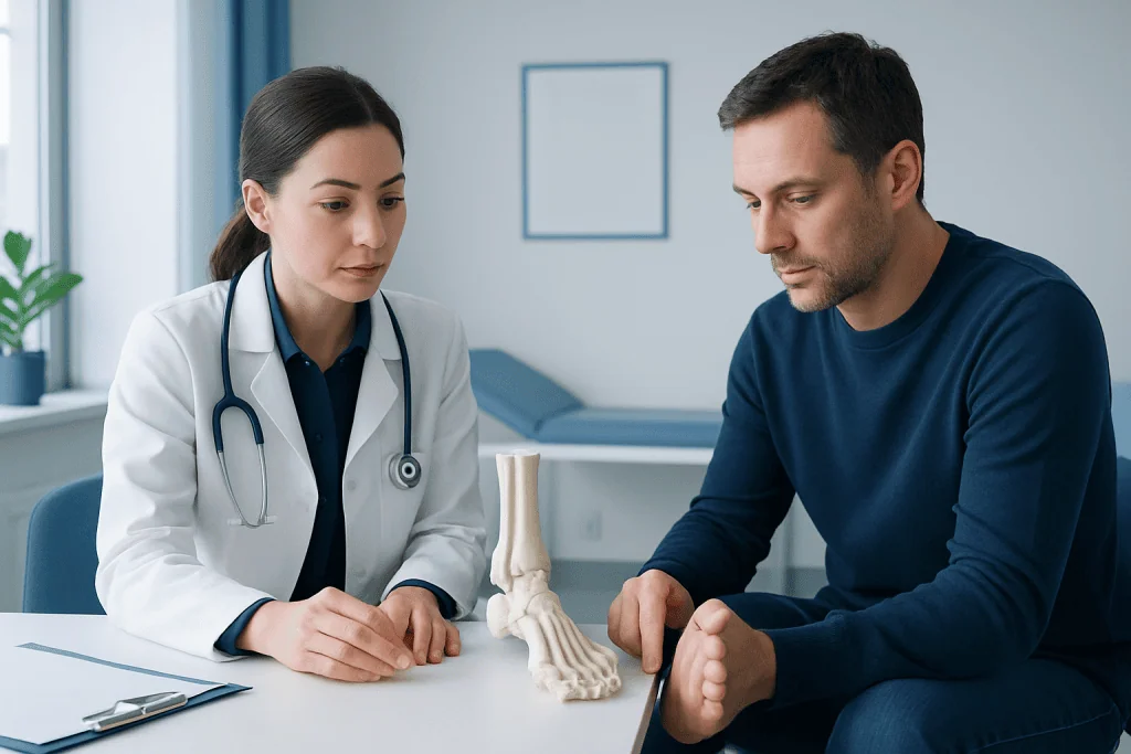 Doctor explaining foot condition to patient in clinic setting.