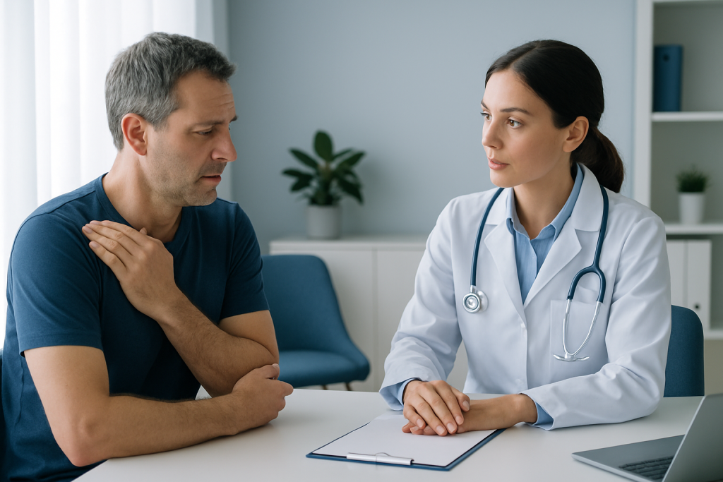 Doctor consulting patient about shoulder pain and tendinitis treatment options.