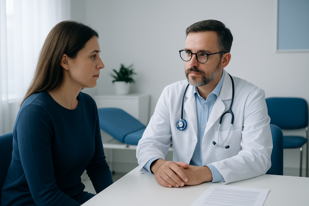 Doctor consulting with a female patient in a medical office setting.