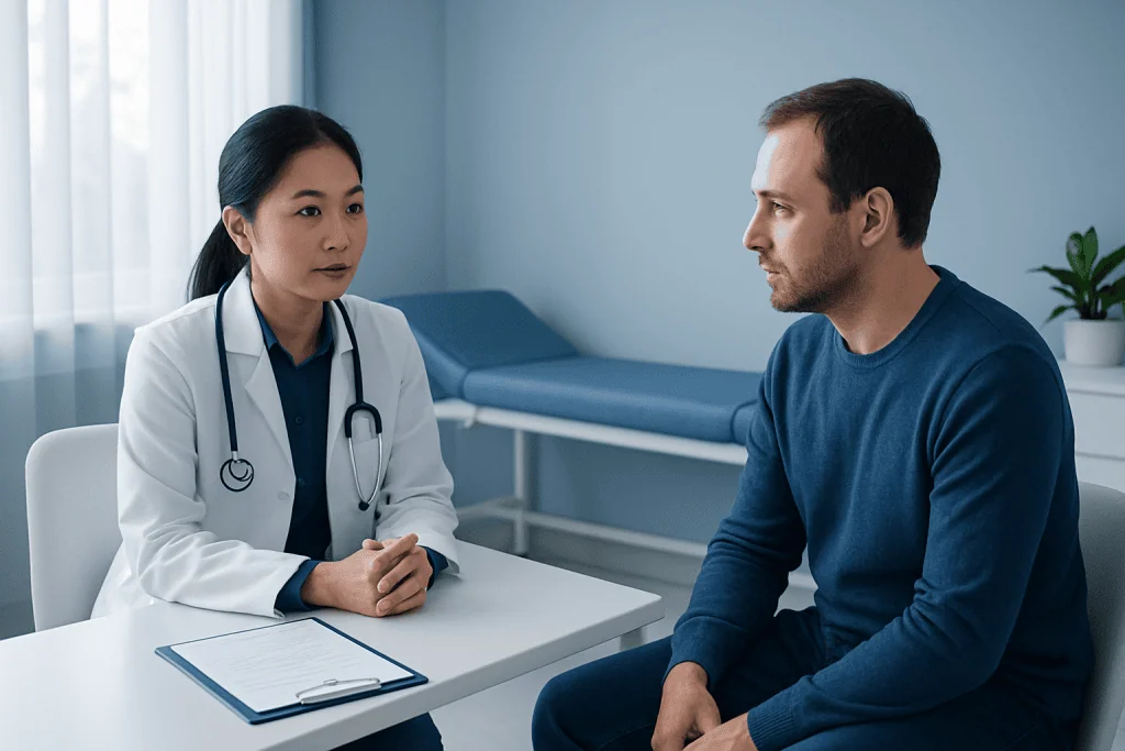 Doctor consulting with male patient in a medical office setting.